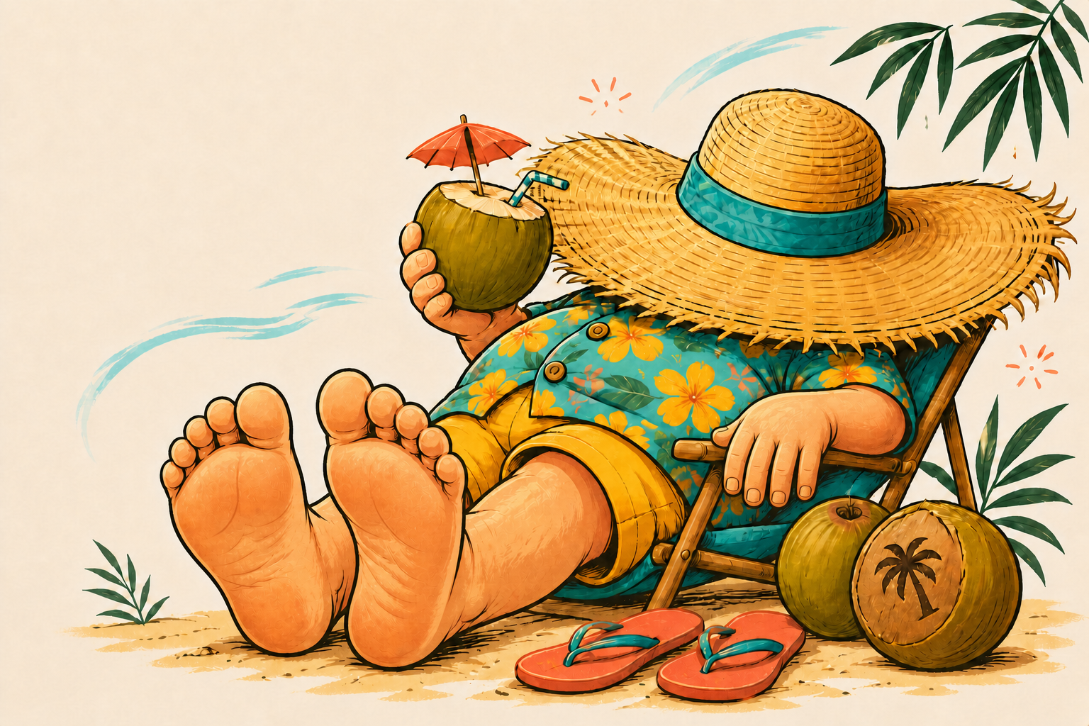 Cartoon vacationer relaxing anonymously beneath a giant sunhat, with bare feet, flip-flops, and coconuts